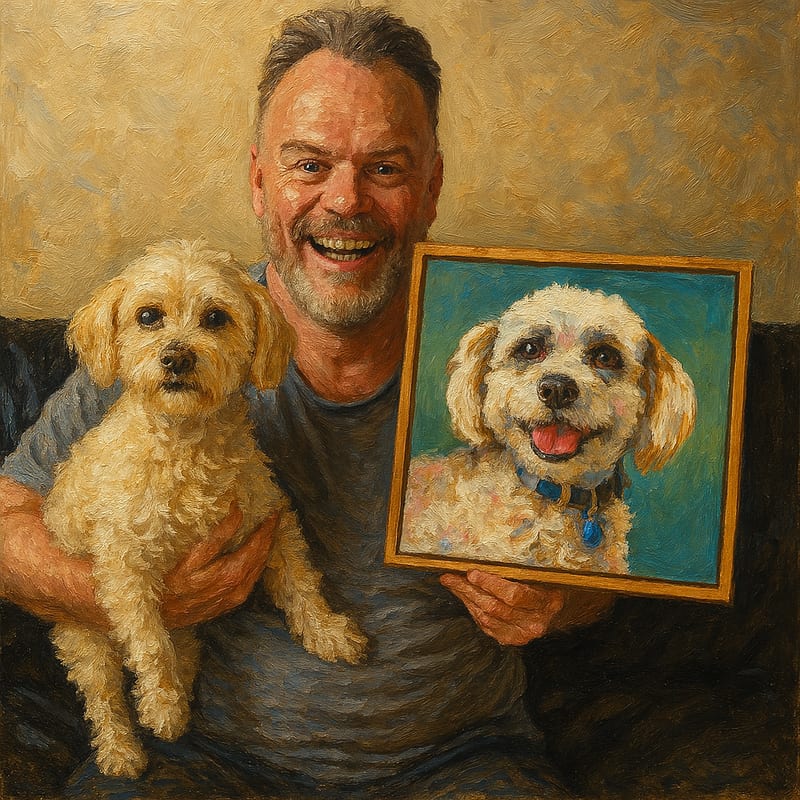 Painted portrait of Dan Follett with his two dogs