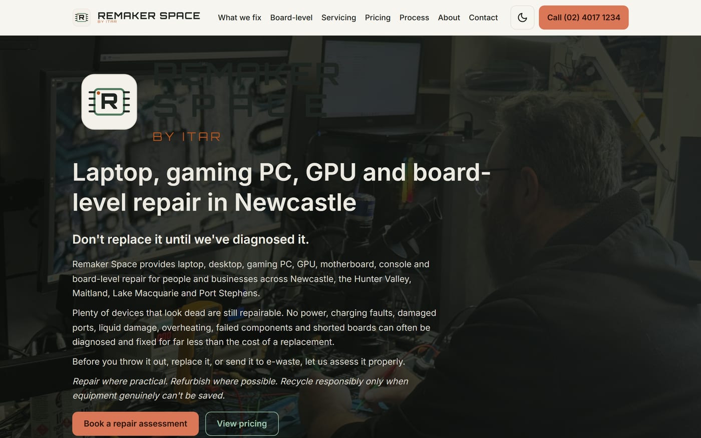 The ReMaker Space by ITAR website, showing a technician working on a circuit board under a magnifier alongside the heading 'Laptop, gaming PC, GPU and board-level repair in Newcastle'